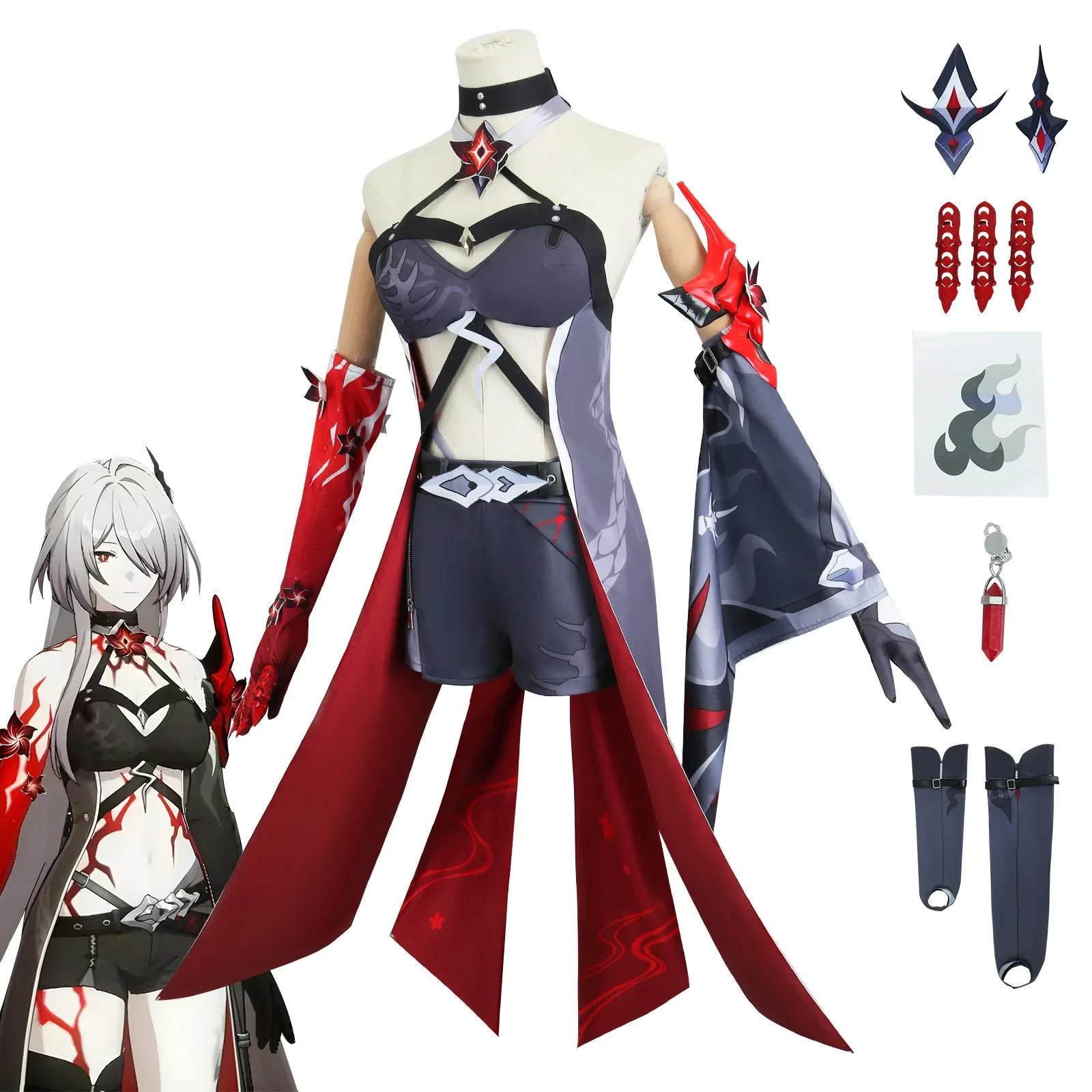 Acheron Second Red Form Cosplay Game Honkai Star Rail Galaxy Ranger Costume Wig Tattoo Stickers Outfit Huangquan Dress Cos Props