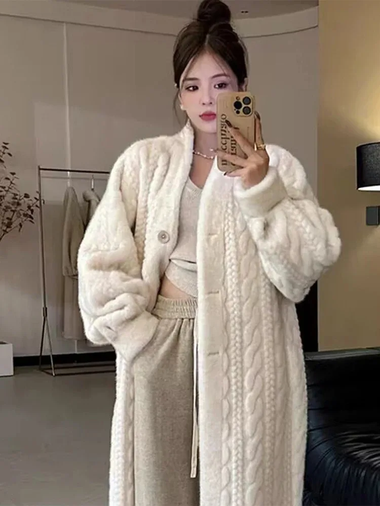 Winter Thicken Faux Fur Coat Women Long Sleeve Single Breasted Loose Female Long Jacket Knit Lady Fashion Oversized Outcoat