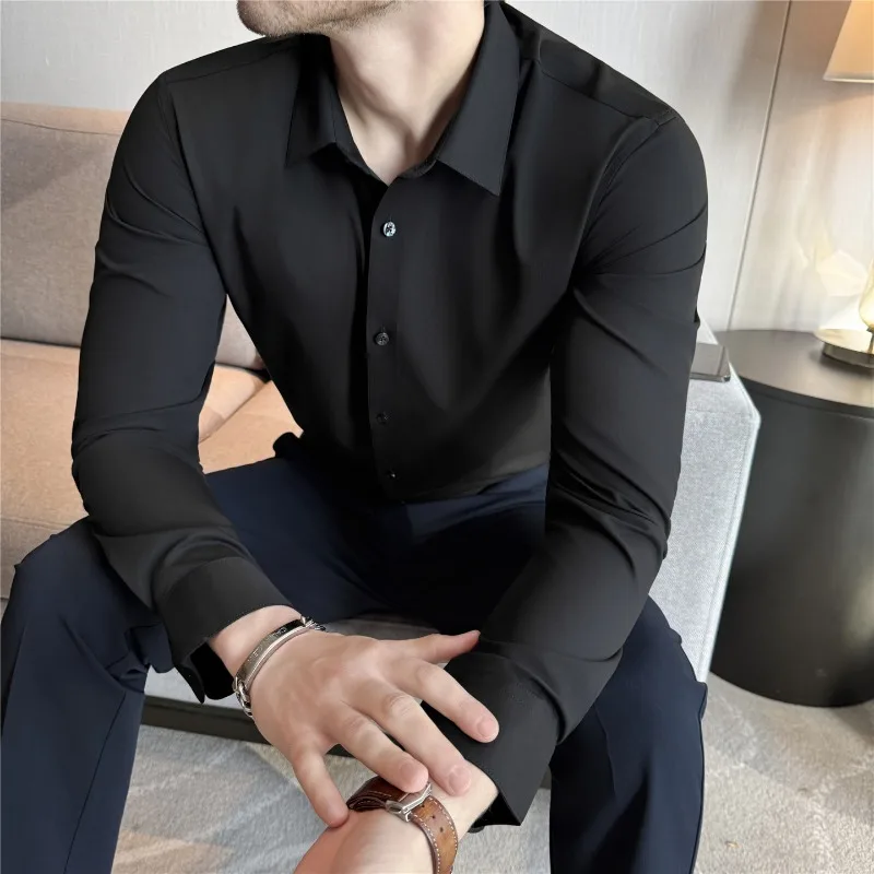 

Мужская классическая рубашка, осень 2024, новая, против морщин, мягкая однотонная деловая офисная повседневная эластичная рубашка с длинными рукавами, облегающая рубашка, мужская одежда