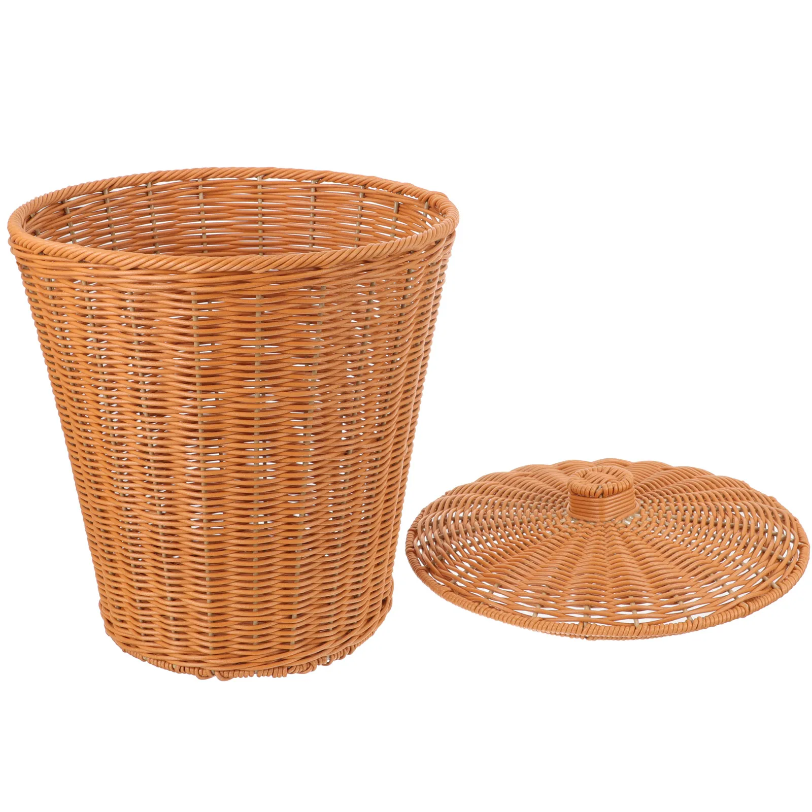 

Large Rattan Trash Can Wicker Light Brown Plastic Baby Imitation Rattan Waste Basket Household Storage Container Decorative