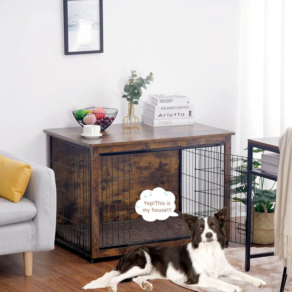 

Dog Cage with Cushion, Wooden Kennel Table, Double Door Dog Furniture, Indoor Kennel, Dog House, Large Dogs Crate, 38.5" L