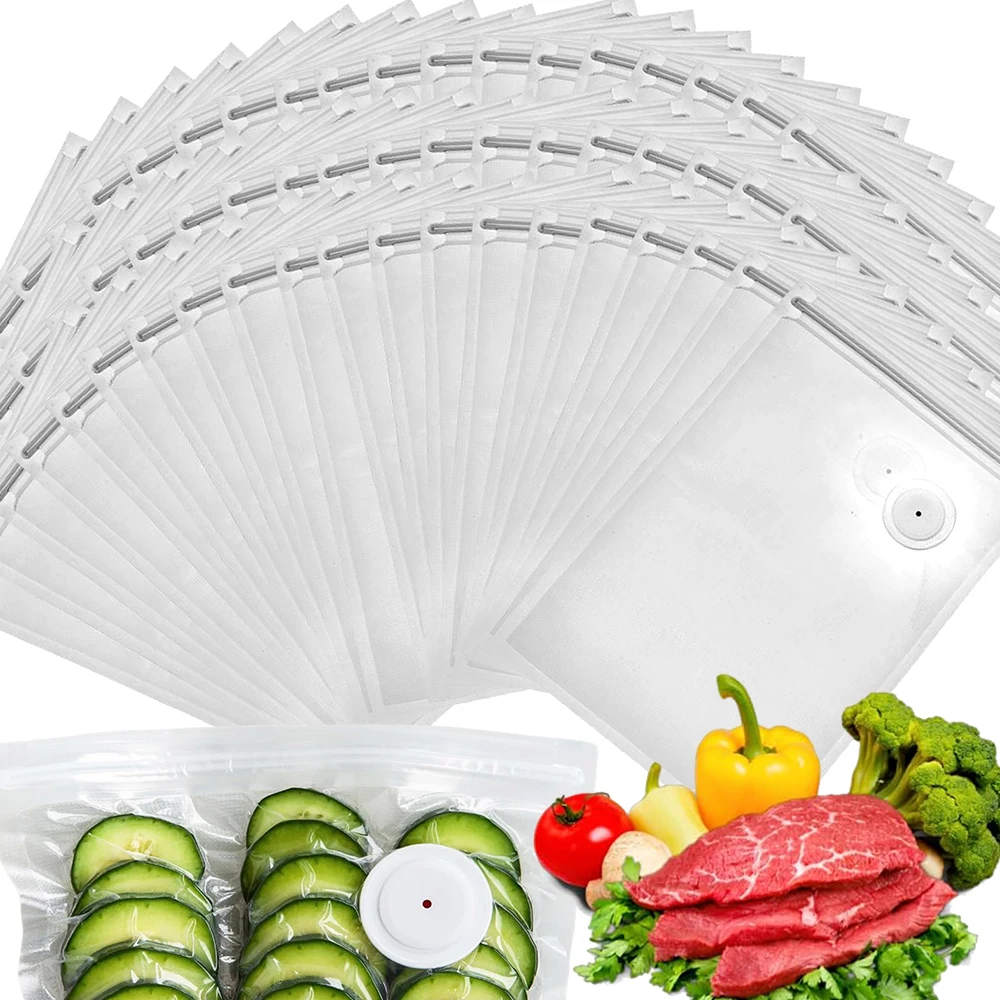 Bolsa de sellado al vacío con cierre de cremallera, protector de comida reutilizable, almacenamiento de alimentos, carne y frutas, válvula de conservación de frescura de compresión, bolsa transparente