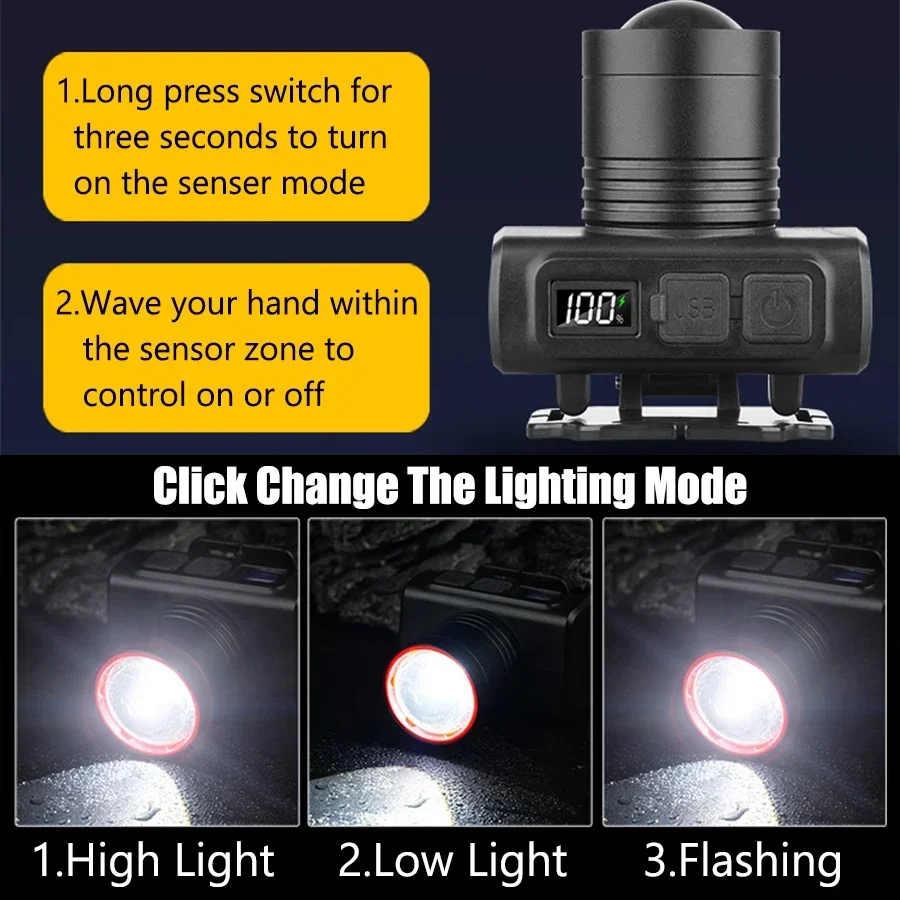 F5 Outdoor Waterproof LED Headlamp Work Head LampTorch Powerful  High Lumen Head Rechargeable Telescopic Zoomable Headlight