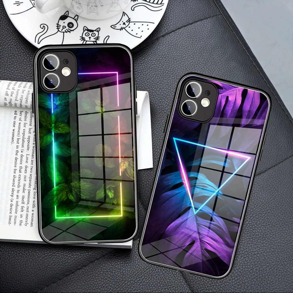 Green Neon Frame  Plant Leaves  Phone Case Tempered Glass For IPhone 14 15 12 Pro 14 Plus 13 Pro MAX Samsung S24 Ultra  FeCovers