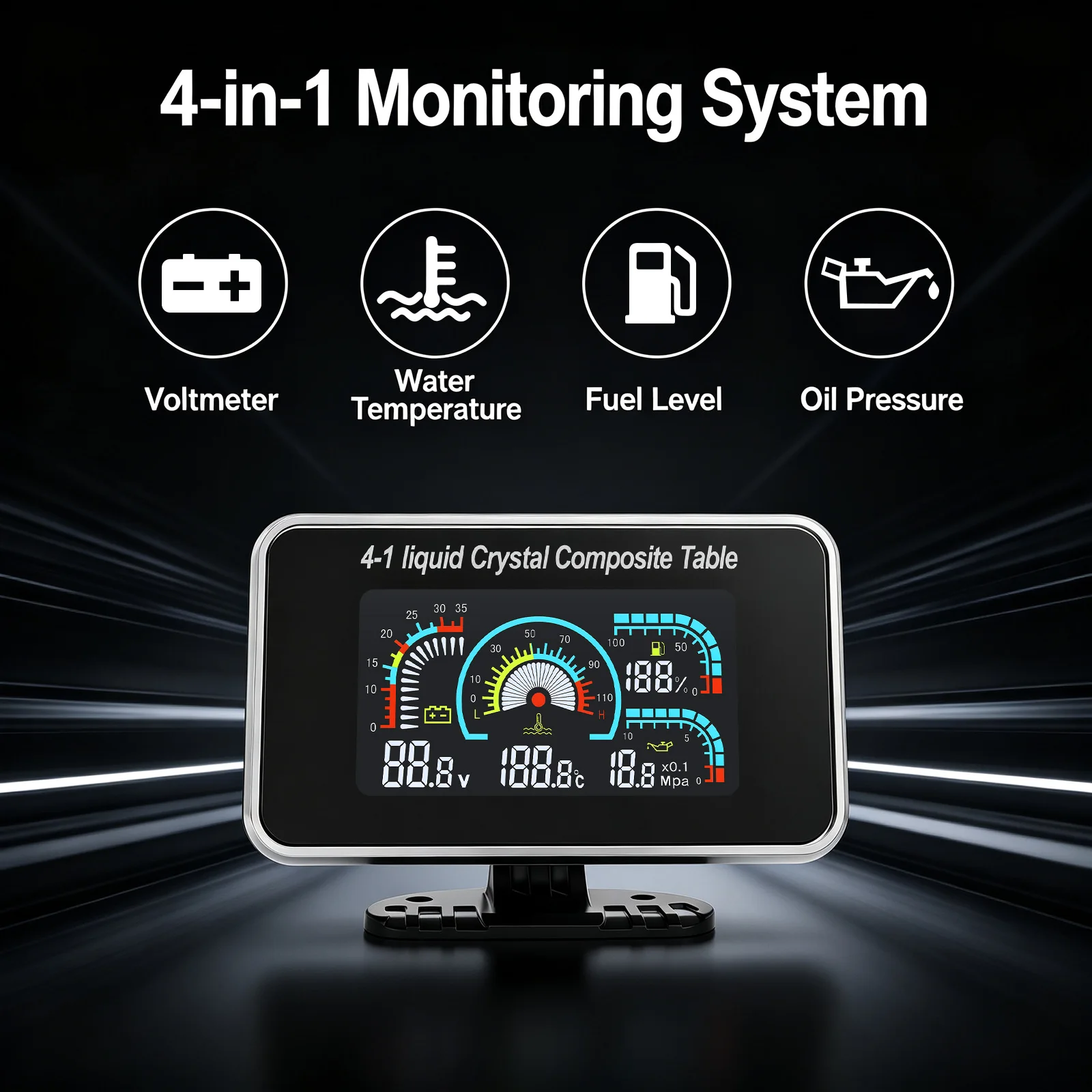 4 in 1 LCD Car Digital Water Temperature Oil Pressure Voltmeter Volt Fuel Gauge ALARM Gauge with 100-575mm Sensor