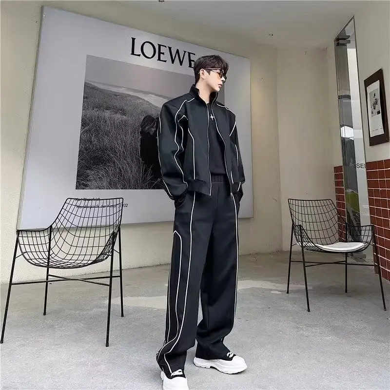 Men's High-End Casual Sports Suit Loose Fit Cardigan Jacket And Wide-Leg Pants 2-Piece Set Trendy Striped Korea Japanese Style