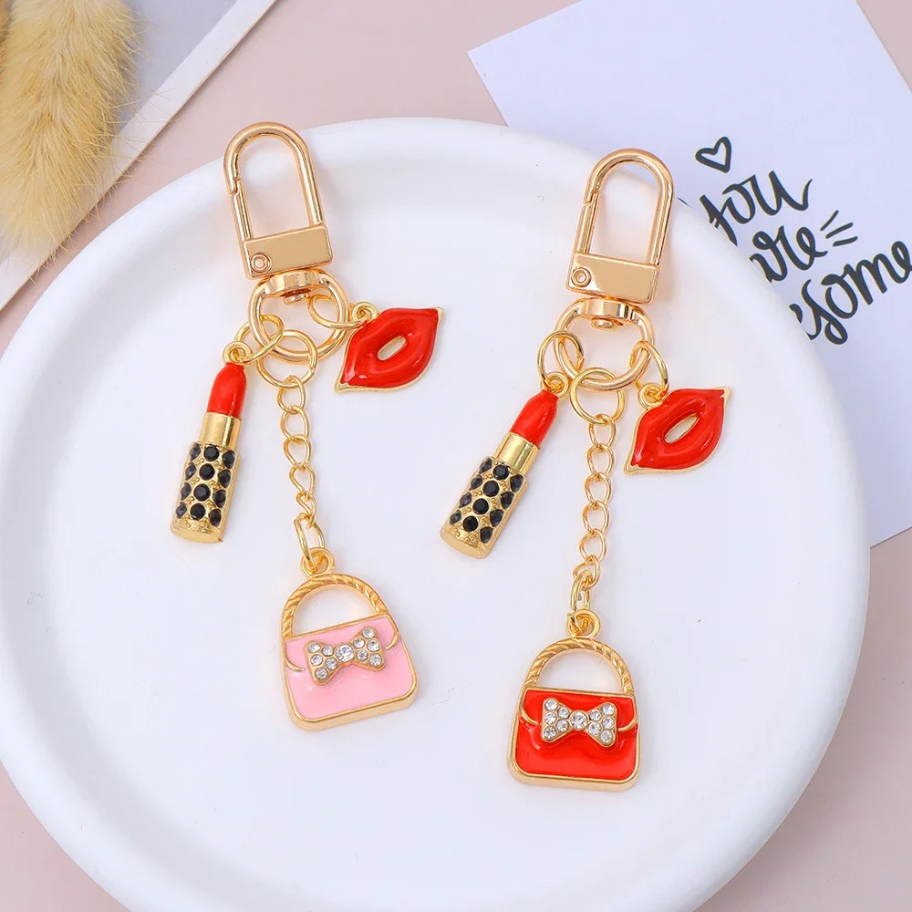 Fashion Red Lips Handbag Keychains Creative Lipstick Rhinestones Inlaied Alloy Keyring for Women Purse Earphone Case Ornaments