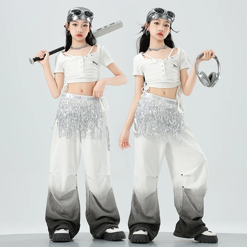 

2025 Kpop танцевальное представление для девочек, костюмы для джазовых танцев в стиле хип-хоп, топ с короткими рукавами, брюки с градиентом, костюм, одежда для уличных танцев DQL10602