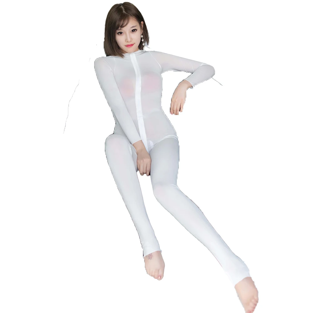 

Women Sex Bodystockings Double-Ended Zip-Up Jumpsuits Ladies See Through Long Sleeve Long Johns Tights Transparent Leggings