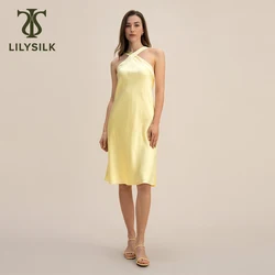 LILYSILK Undryed Silk Halter Dress for Women 2023 New 22 Momme Golden Cocoon White Piping Skinny Robe Party Cloth Free Shipping