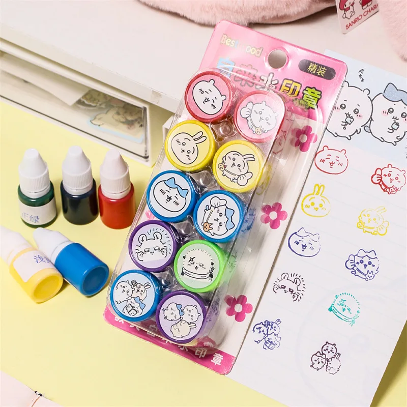 상자에 10Pcs 만화 Chiikawa Hachi Usagi 다채로운 어린이 컬러 씰 학생 보상 스탬프 편지지 아이 장난감 선물
