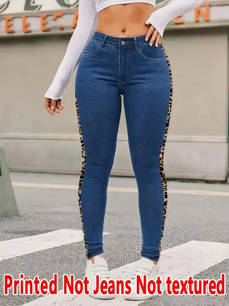 Women Printed Leggings Not Denim Fabric, Fake Pocket & Button Print Design Pants, High Elastic Fashion Slim Fit Skinny Casual Tr