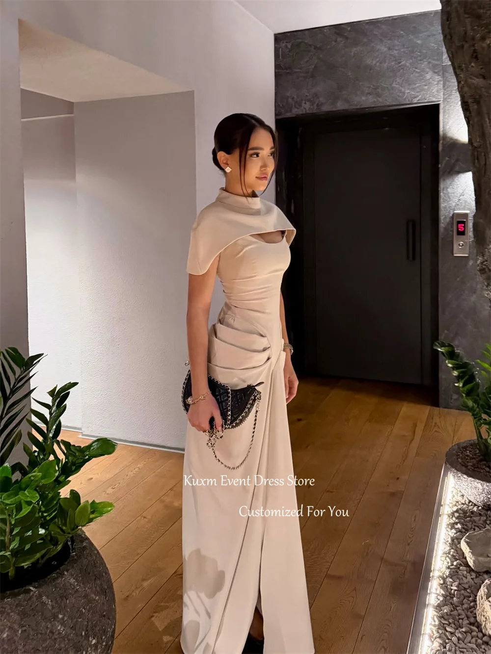 Kuxm Strapless Mermaid Wedding Guest Gown Sleeveless Cloak Satin Evening Dress High Slit Floor Length Prom Gown Customized