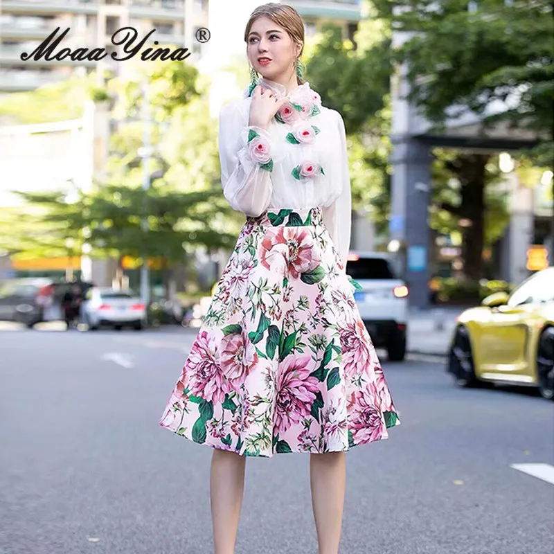 

MoaaYina 2025 Autumn Long Sleeve Single breasted Patchwork Top+Flower Printed Undercover Two Piece Set