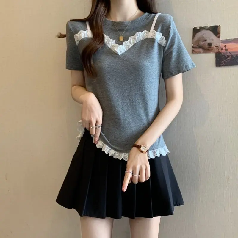 Femme Summer Trend Fashion Drawstring Solid Color O-neck Two Pieces Short Sleeve Women Clothing All-match Lace T-shirt Tops