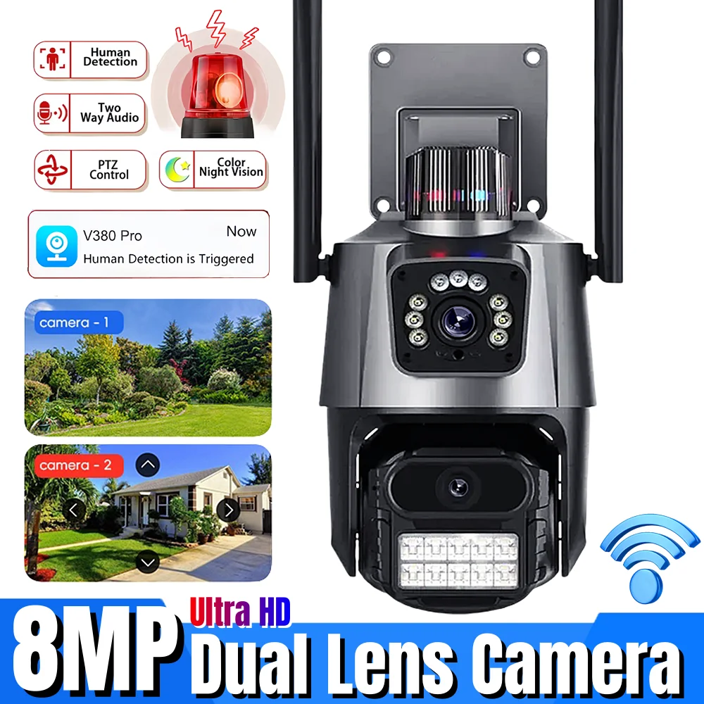 Dual Lens Camera CCTV 8MP 4K Wireless Outdoor Color Night Vision PTZ WiFi IP Smart Security Home Surveillance V380 Pro Cameras