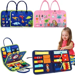 Brinquedo Montessori de tabuleiro ocupado para crianças, pré-escolar, habilidade de vida, animais viajam, alfabeto, número, cadarço, mala, 2 anos