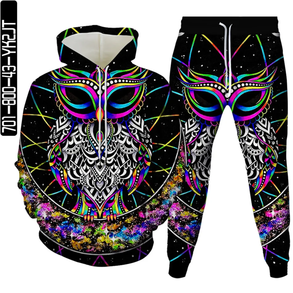 

Animal Camouflage Harajuku Owl Men Hoody Sweatshirt+Pants 2pc Sets Tracksuit Anime Print Women Birthday Party Clothes Size S-6