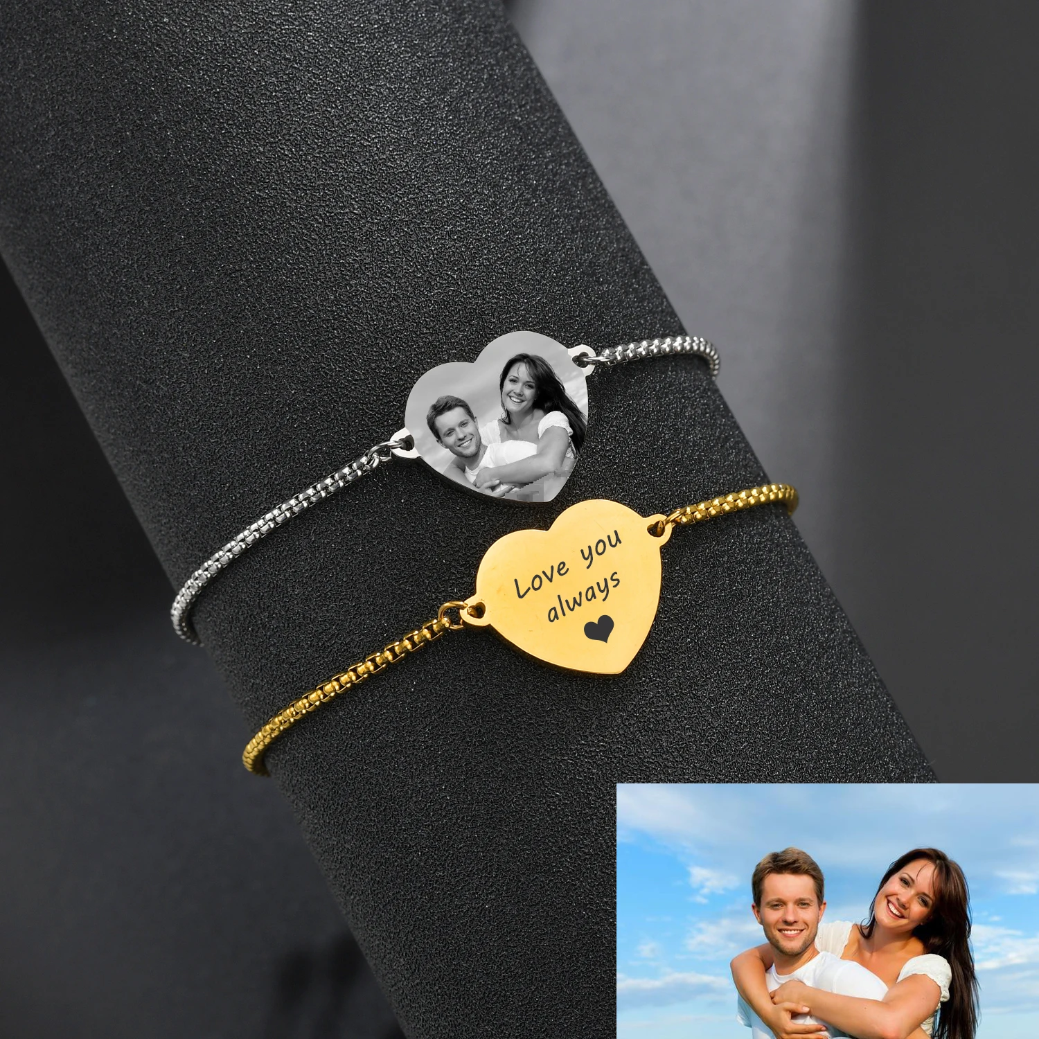 

Custom Engraved Photo Name Heart Bracelet Stainless Steel Personalzied Engrave Date ID Tag Adjustable Chain Bracelet Jewelry