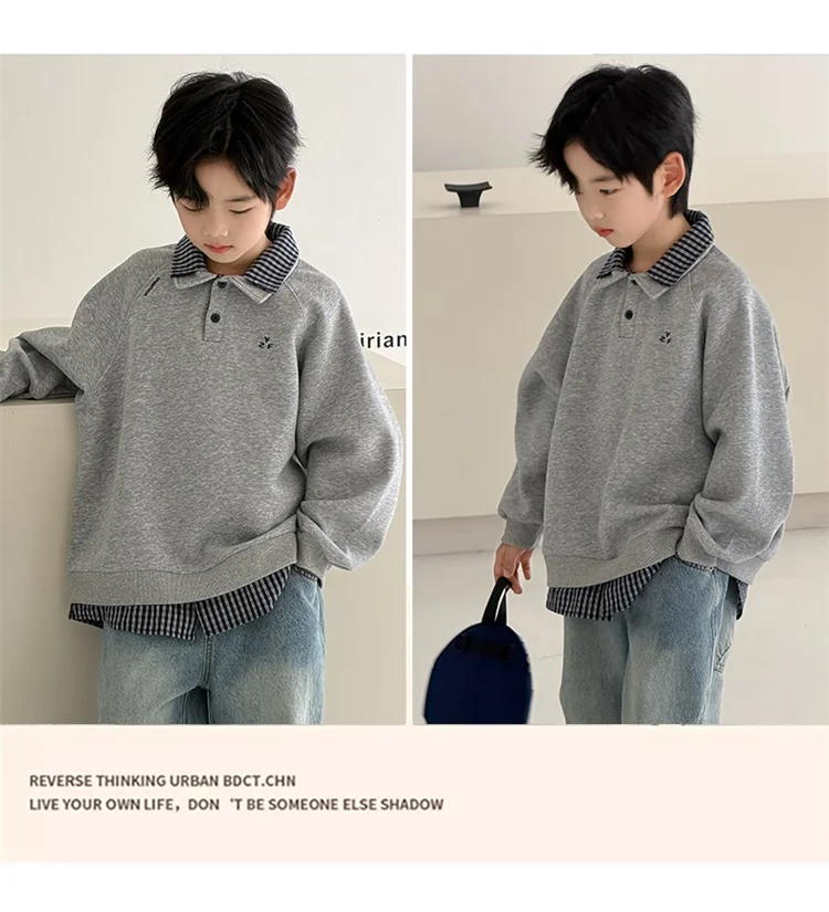 Neu eingetroffen: Modisches Langarm-Poloshirt mit doppelter Schicht für Kinder, Jungen-Hoodie mit Umlegekragen, Frühlingskleidung. – Detail 11