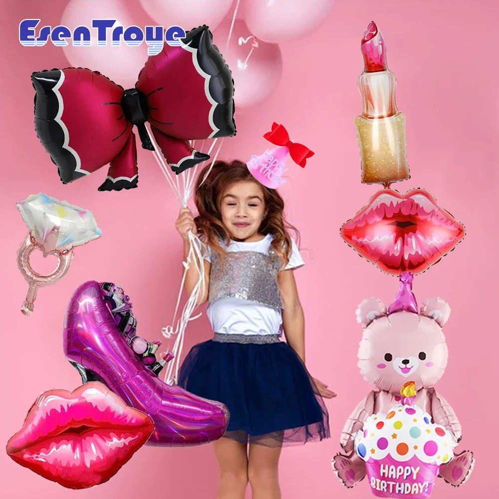 Princess Girls Birthday Party Giant Lipstick High Heel Shoe Large Bear Foil Balloons Makeup Party Wedding Baby Shower Decoration