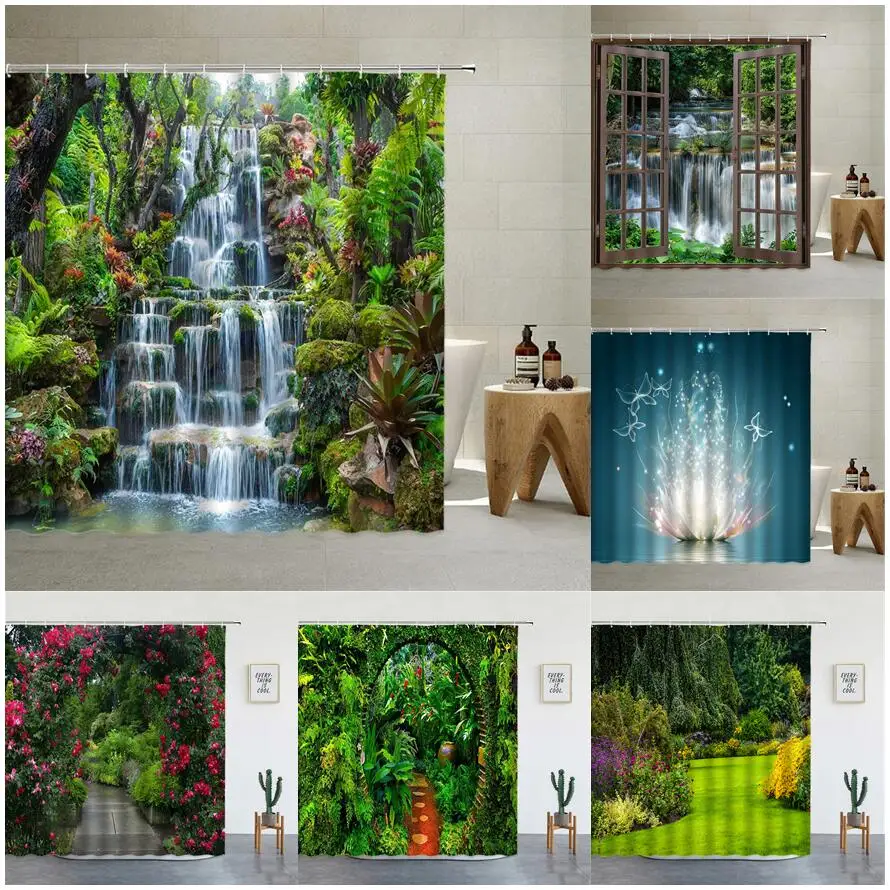 Waterfall Shower Curtains Spring Tropical Green Jungle Primeval Forest Park Natural Bushes Floral Mossy Cloth Bathroom Decor Set