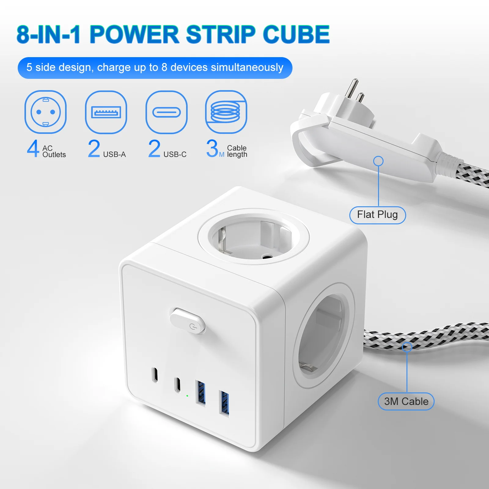 4000W EU Power Strip Wall Plug Multifunction Adapter with 2 USB 2 type C 3m Extension Cable 4 AC Power Outlet Multiple Sockets