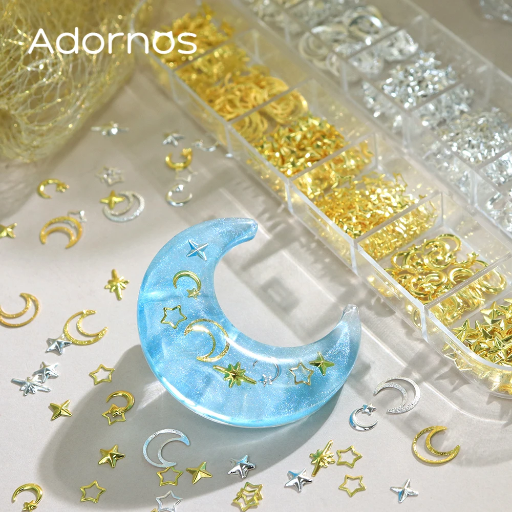 Estrellas doradas y plateadas, Luna, remaches metálicos, accesorios DIY, estrella hueca, Luna, purpurina, decoraciones artísticas para uñas, diseño de dijes de uñas 3D