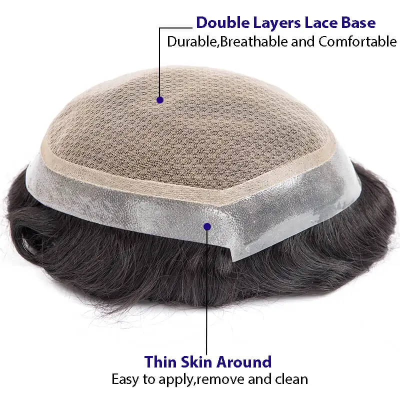 Australia-Double Layers Men Toupee Male Hair Prosthesis Lace PU Base Human Hair Wigs Breathable Men's Capillary Prothesis System