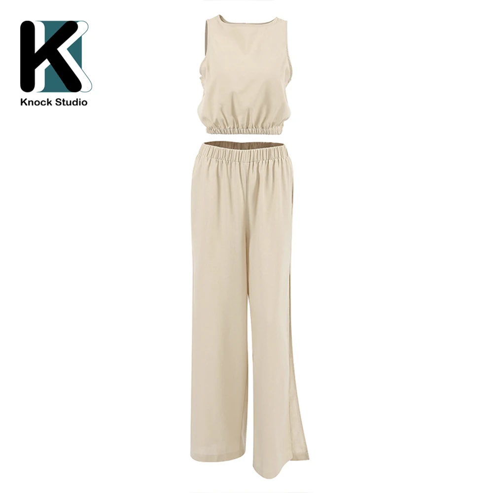 Knock Cotton Linen Khaki Pants Sets Vacation Summer SleevelessTops and Split Pant Suits 2024 Two Pieces Office Ladies Set