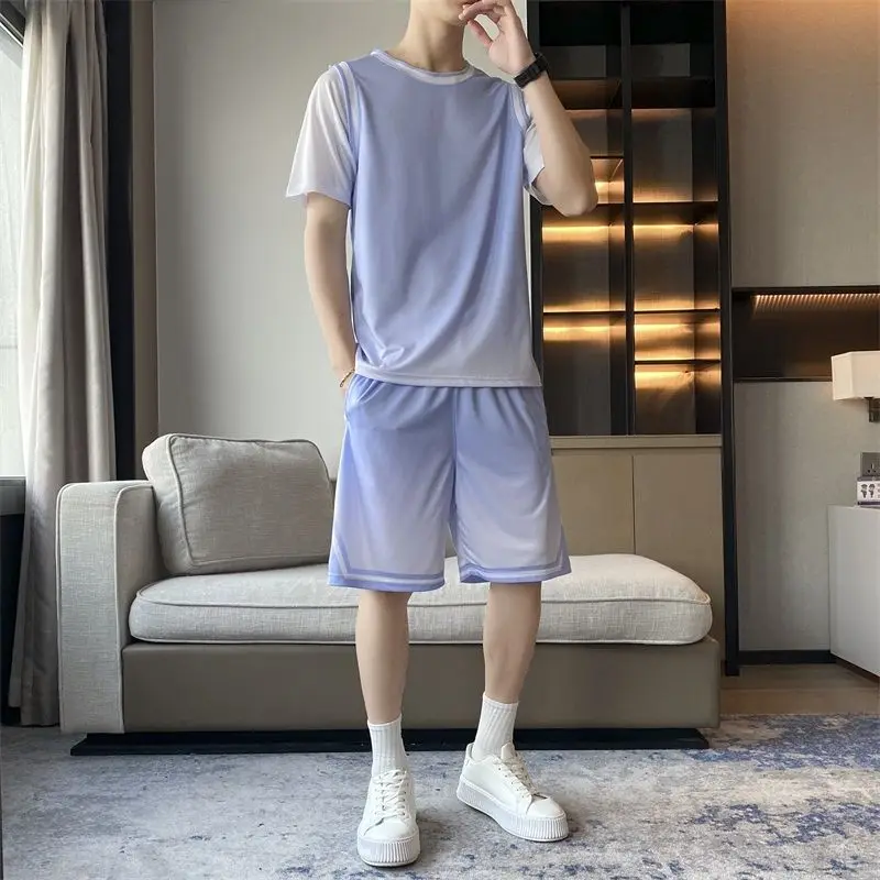 

No Logo Gym Sportswear Male T Shirt Short Sets Fashion Man 2025 Kpop Trends Costumes Two Piece Korean Style Tee Men's Shorts Set