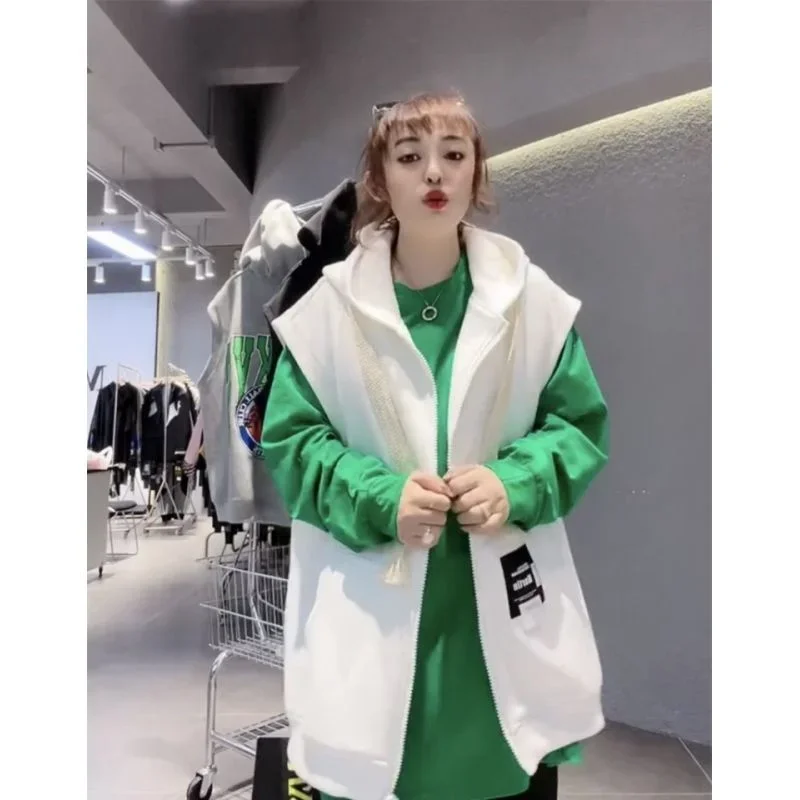 Oversized Hooded Sweatshirt Vest Female Hip Hop Streetwear Sleeveless Jacket 2023 New Cardigan Outerwear Korean Fashion Casual