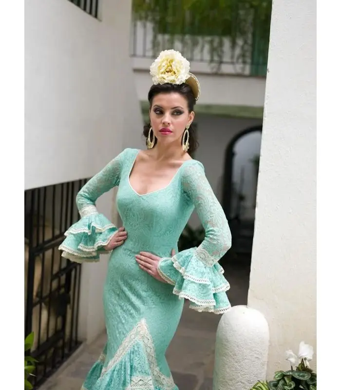 Mint Green Mermaid Prom Occasion Dresses with Long Sleeve Ruffles Lace Trajes de Flamenca Dancing Spain Evening Gown