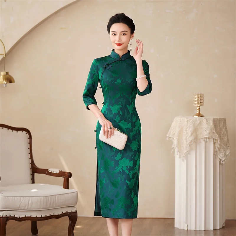 

Высококачественное платье Cheongsam Qipao из натурального шелка, весна и осень 2024, новое повседневное ретро-улучшенное рукавом три четверти