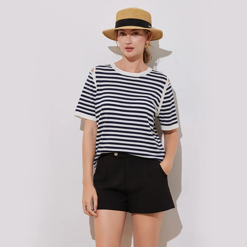 

Women's Striped Knit T-Shirt Short Sleeve Summer Casual Crew Neck Top with Shoulder Cut-Out Detail