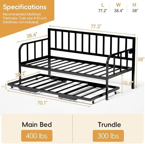 Daybed with Pop Up Trundle, Twin Day Bed with Trundle Bed Twin, Charging Station and LED Lights, Twin to King Metal Bed