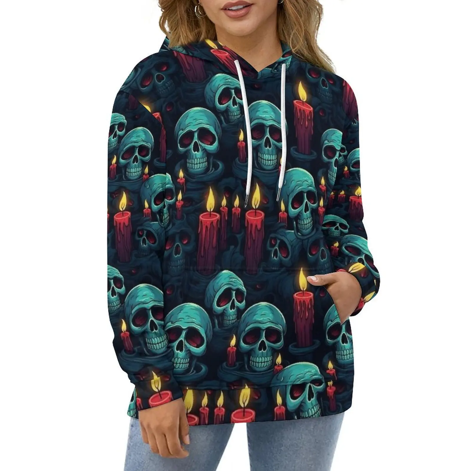 Halloween Skull And Candles Hoodies Long-Sleeve Aesthetic Casual Pullover Hoodie Autumn Classic Oversized Loose Sweatshirts