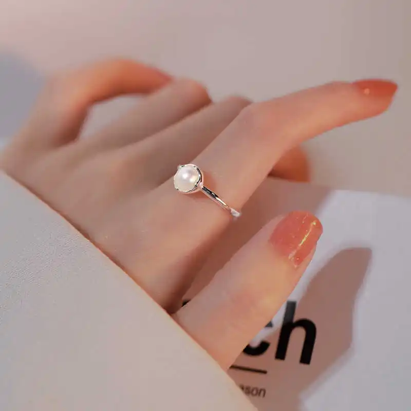 Classic Temperament 925 Sterling Silver Adjustable Flower Bud Pearl Ring for Woman Girl Korean Fashion Jewelry Accessories Gifts