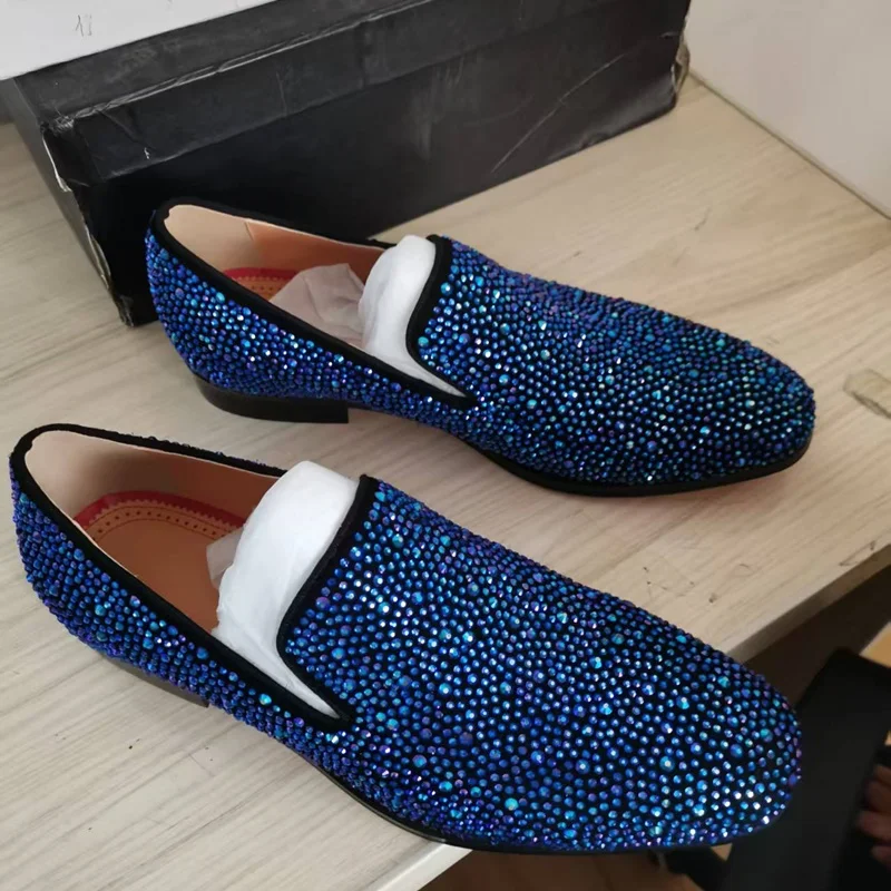 Royal Blue Rhinestone Loafers Luxury Evening Formal Men Dress Shoes Slip On Leather Flats Party Wedding Shoes view 4