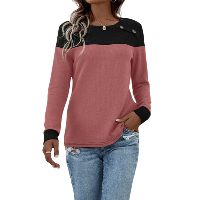 

Elegant Shoulder Button Decoration T-Shirt Women Color Contrast Pit-stripe Fabric O Neck Tops Female Autumn Casual Commuter Tees