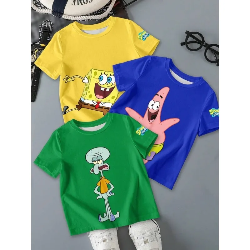 SpongeBob SquarePants Big Star Octopus Brother Fashion Short Sleeve Color Contrast Cartoon Printed Round Neck Casual T-shirt