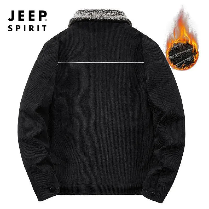 JEEP SPIRIT Autumn and Winter New Men Corduroy Collar Cotton Suit Fashion Simple Loose Size Coat Mens Casual Plush Warm Overcoat