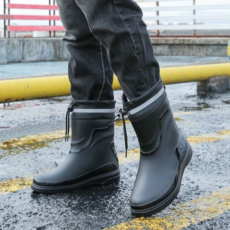 Men's Mid Calf Waterproof Rain Boots Ultra Lightweight Mud Proof Garden Shoes High Top Slip On Rubber Fishing Footwear