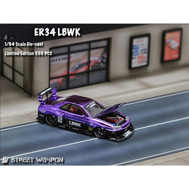 SW In Stock 1:64 LBWK GTR ER34 Silhouette Electroplate Purple Diecast Diorama Car Model Collection Miniature Toys Street Weapon