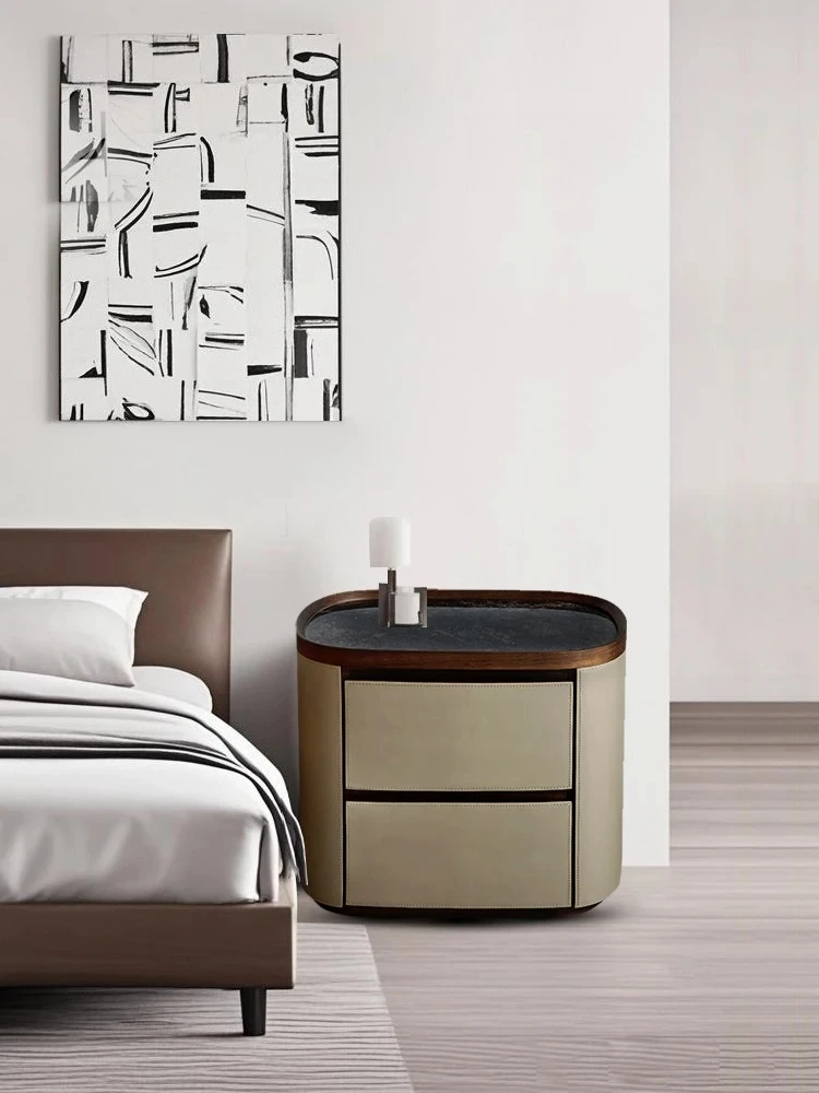 

Итальянский минималистичный седло из кожи, каменная плита, прикроватная тумбочка для хранения в спальне, прикроватная тумбочка из цельного дерева, бытовая тумбочка