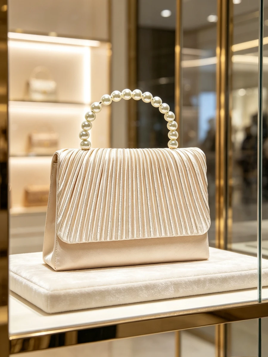 Champagne Pleated Satin Clutch Bag Large Round Pearl Beaded Top Handle Evening Handbag Elegant Formal Wedding Purse For Middle