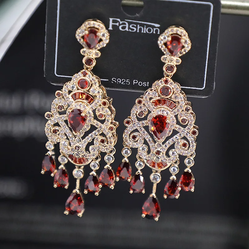 Bilincolor Micro Set Zircon Palace Droplet Tassel Earrings for Women