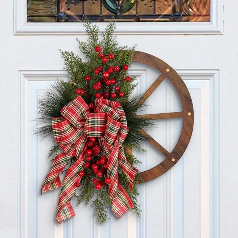 

Christmas Wreath Decor Christmas Pine Needles Red Fruit Wheel Wreath Wall Hanging Bow Outdoor Courtyard Door Decoration Wreath