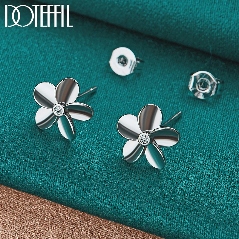 DOTEFFIL 925 Sterling Silver Five Leaf Flower AAA Zircon Stud Earrings For Woman Wedding Engagement Fashion Party Charm Jewelry
