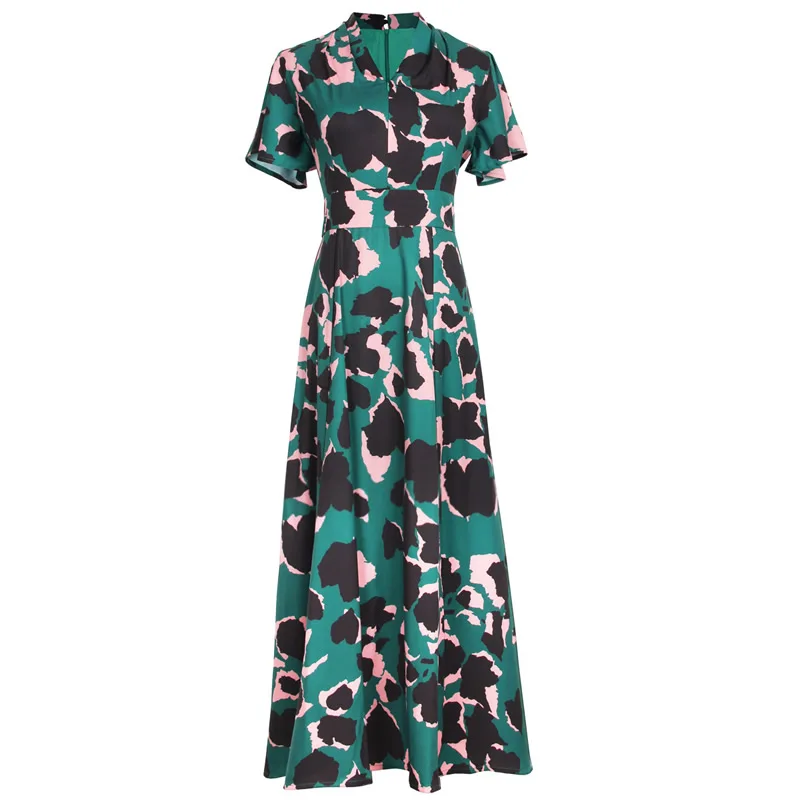 

2023 Green Flower Print Women Dress Elegant V-Neck Short Sleeve A-Line Dresses